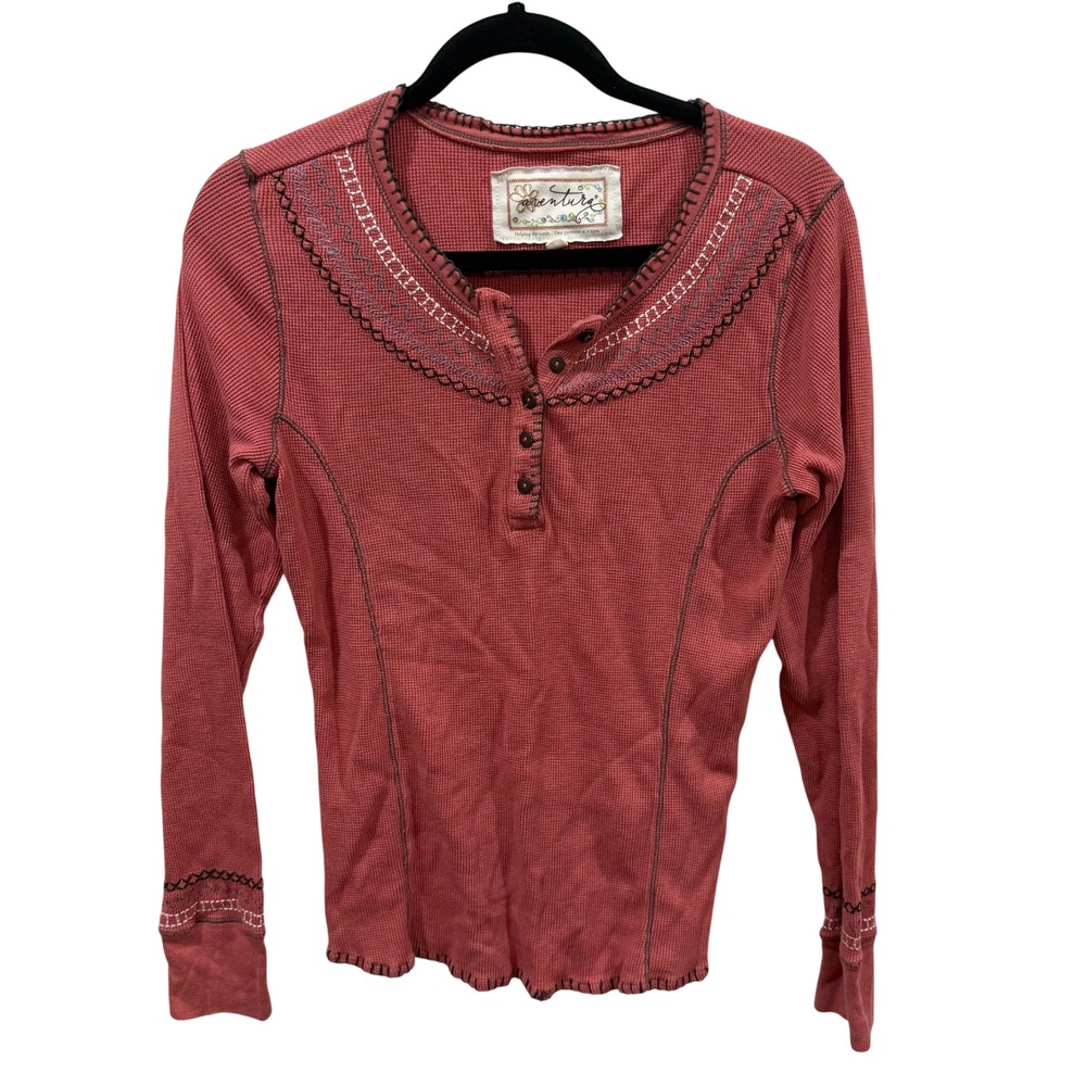 Aventura Womens Terracotta Embroidered Waffle Knit Henley Long Sleeve Top Size M